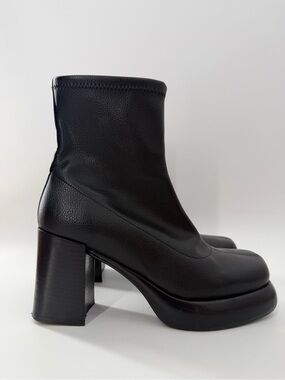 Intentionally Blank Black Chunky Platform Square Toe Sock Retro Inspired Boots